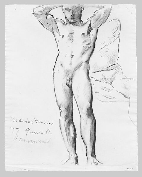 Man Standing, Hands on Head, John Singer Sargent (American, Florence 1856–1925 London), Charcoal on light blue laid paper, American