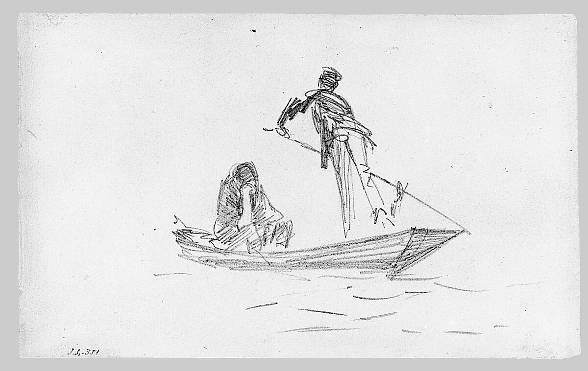 Figures in Gondola, John Singer Sargent (American, Florence 1856–1925 London), Graphite on off-white wove paper, American