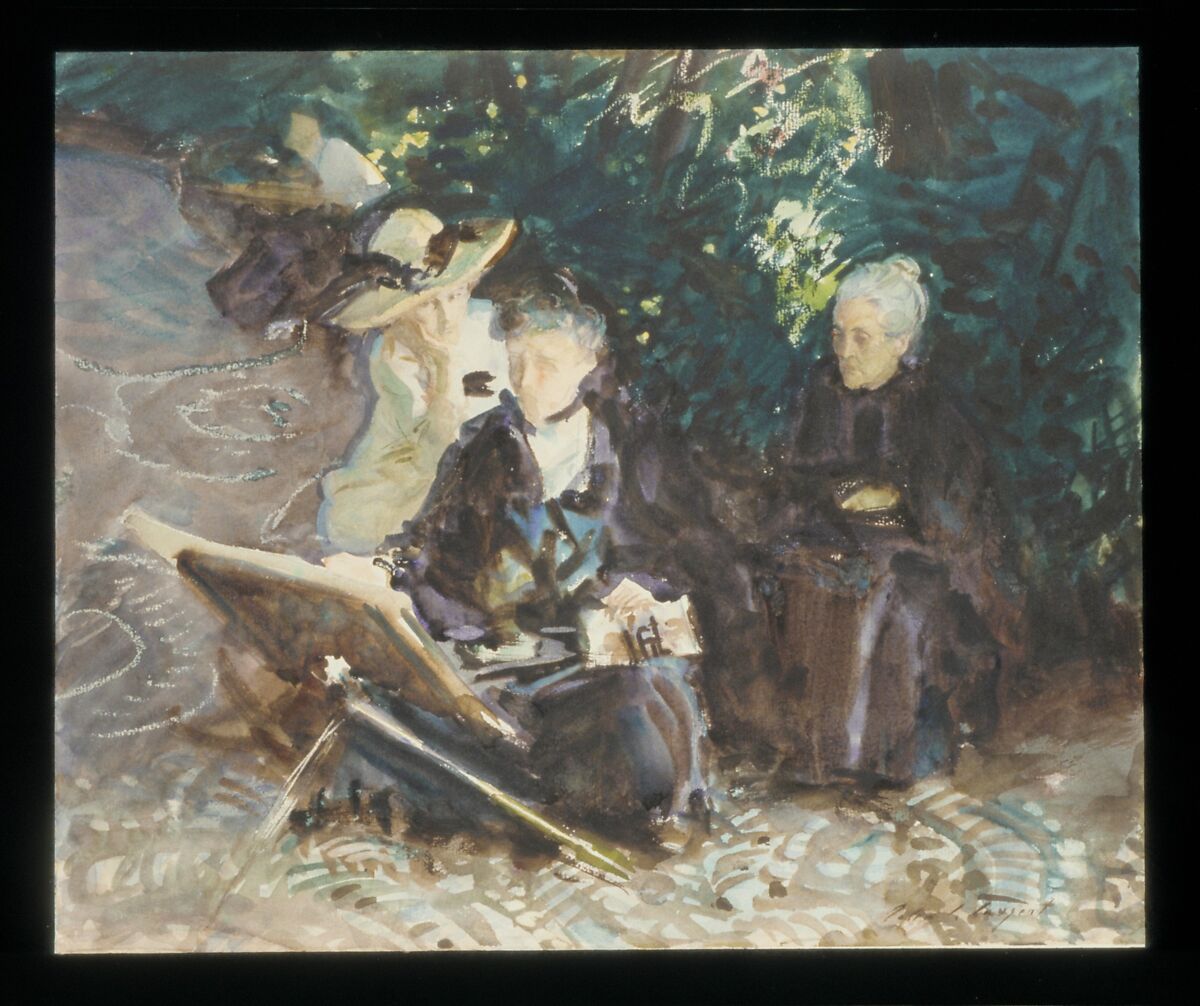 In the Generalife, John Singer Sargent (American, Florence 1856–1925 London), Watercolor, wax crayon, and graphite on white wove paper, American