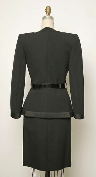 Suit, Yves Saint Laurent (French, founded 1961), a, b) wool, silk, plastic; c,d) leather; e) silk, French