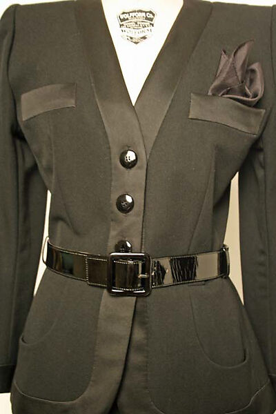 Suit, Yves Saint Laurent (French, founded 1961), a, b) wool, silk, plastic; c,d) leather; e) silk, French