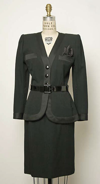 Suit, Yves Saint Laurent (French, founded 1961), a, b) wool, silk, plastic; c,d) leather; e) silk, French 