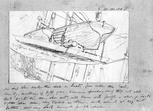 Lifeboats on Davits (from Scrapbook), John Singer Sargent (American, Florence 1856–1925 London), Graphite on off-white wove paper, American