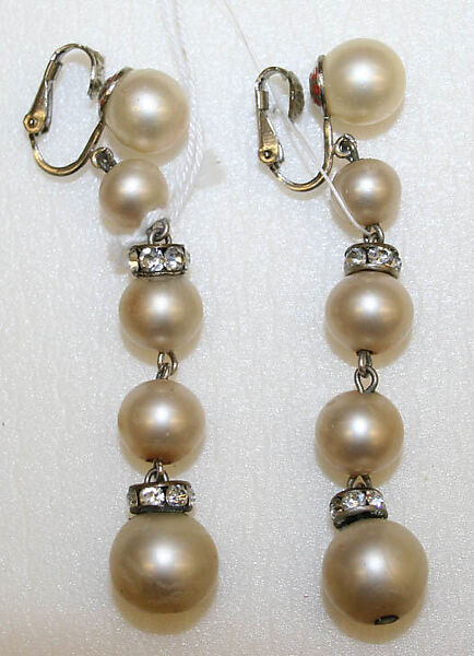 Earrings, pearls, rhinestones, American