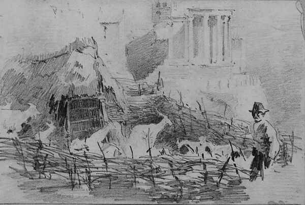 Man in Landscape with Temple on Hill in Background (from Scrapbook), John Singer Sargent (American, Florence 1856–1925 London), Graphite on off-white wove paper, American