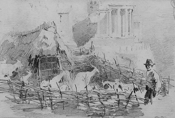 Man in Landscape with Temple on Hill in Background (from Scrapbook), John Singer Sargent (American, Florence 1856–1925 London), Graphite on off-white wove paper, American 