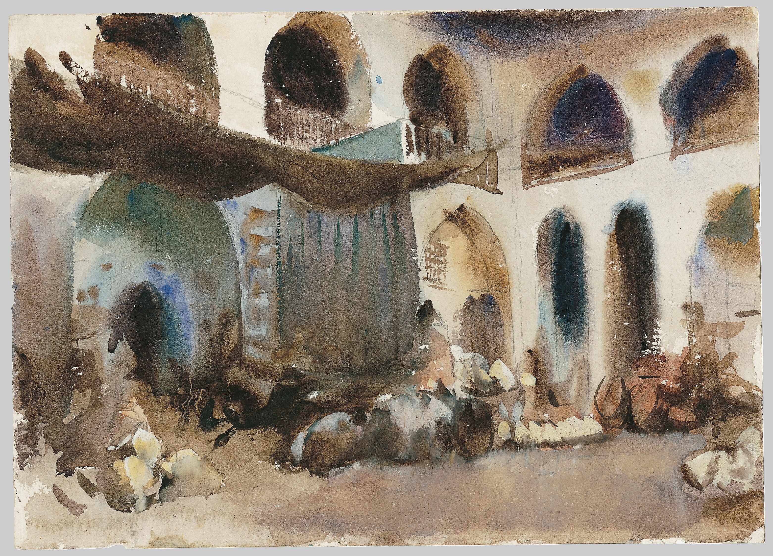 Market Place, John Singer Sargent (American, Florence 1856–1925 London), Watercolor, gouache, and graphite on white wove paper, American