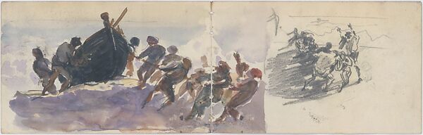 Men Hauling Lifeboat Ashore (from scrapbook), John Singer Sargent (American, Florence 1856–1925 London), Watercolor and graphite on off-white wove paper, American 