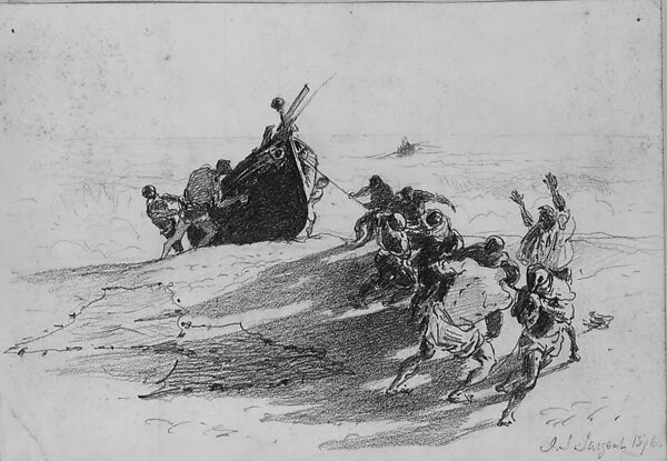 Men Hauling Lifeboat onto Beach (from Scrapbook), John Singer Sargent (American, Florence 1856–1925 London), Graphite on off-white wove paper, American