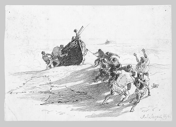 Men Hauling Lifeboat onto Beach (from Scrapbook), John Singer Sargent (American, Florence 1856–1925 London), Graphite on off-white wove paper, American