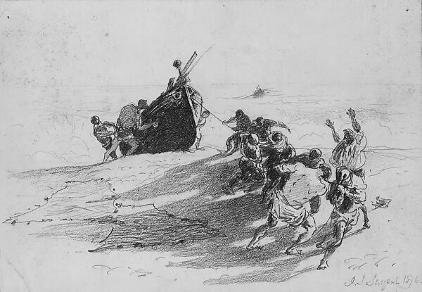 Men Hauling Lifeboat onto Beach (from Scrapbook), John Singer Sargent (American, Florence 1856–1925 London), Graphite on off-white wove paper, American