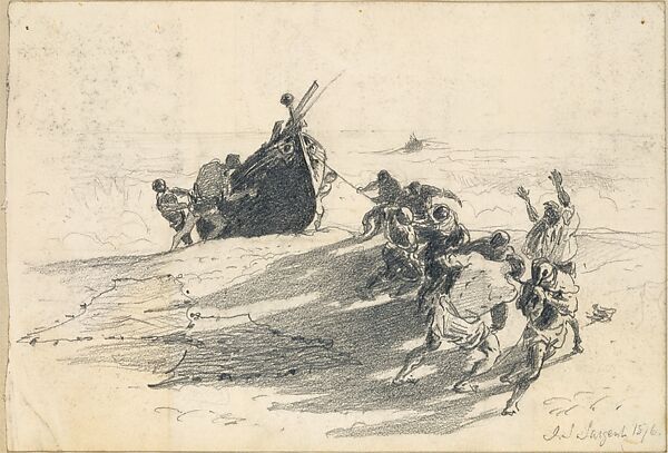 Men Hauling Lifeboat onto Beach (from Scrapbook), John Singer Sargent  American, Graphite on off-white wove paper, American