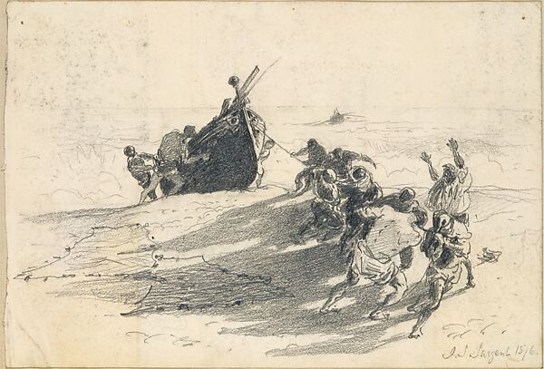 Men Hauling Lifeboat onto Beach (from Scrapbook), John Singer Sargent (American, Florence 1856–1925 London), Graphite on off-white wove paper, American 