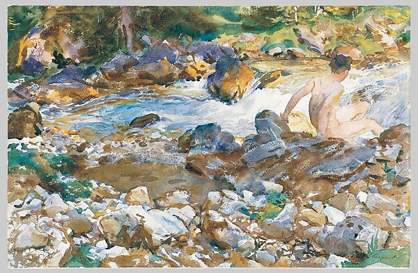 Mountain Stream, John Singer Sargent (American, Florence 1856–1925 London), Watercolor and graphite on off-white wove paper, American