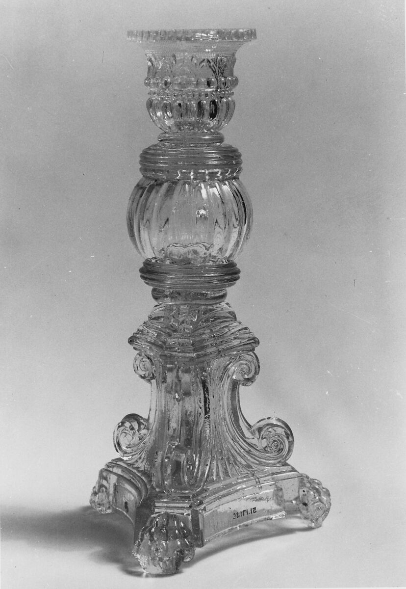Candlestick, Lacy pressed glass, American 