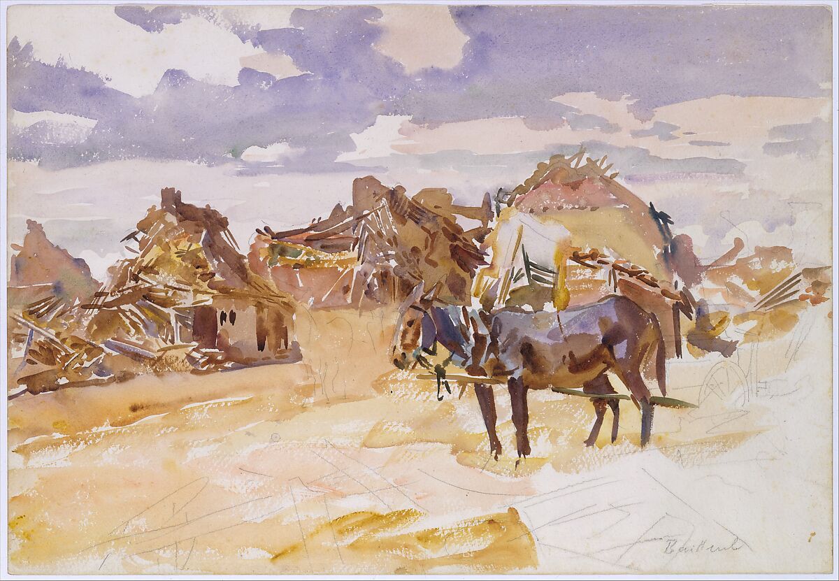 Mules and Ruins, John Singer Sargent (American, Florence 1856–1925 London), Watercolor and graphite on white wove paper, American