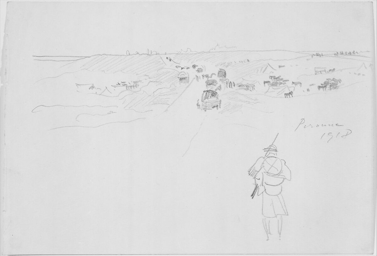 Road at Péronne, John Singer Sargent (American, Florence 1856–1925 London), Graphite on off-white wove paper, American