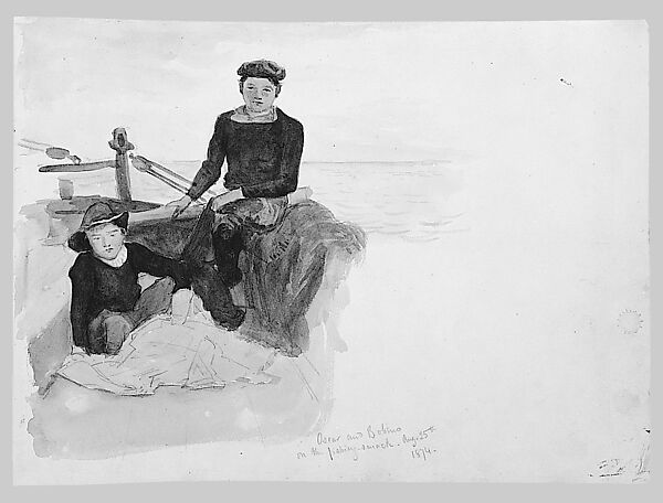 Oscar and Bobino on the Fishing Smack (from Scrapbook), John Singer Sargent (American, Florence 1856–1925 London), Graphite on off-white wove paper, American