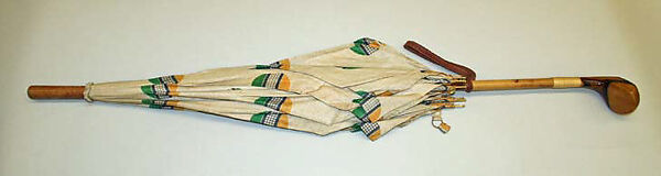 Golfing umbrella, silk, wood, probably American