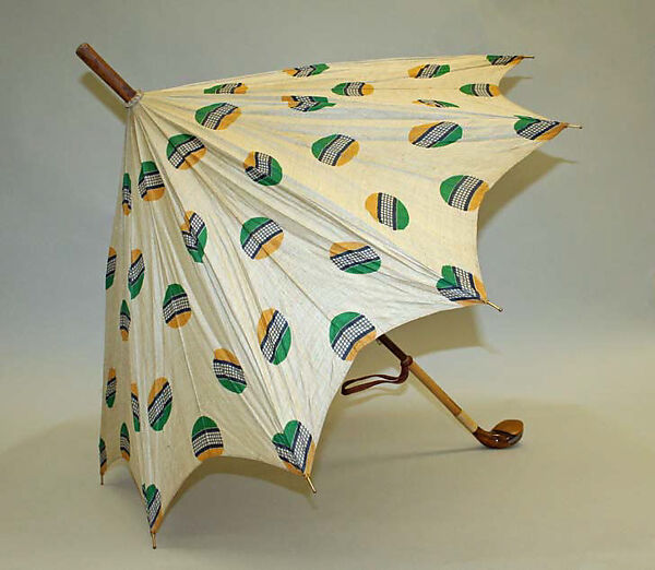 Golfing umbrella, silk, wood, probably American 