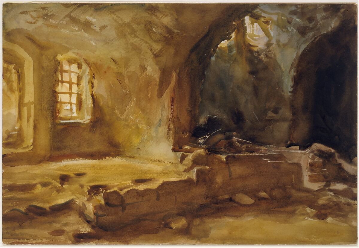 Ruined Cellar—Arras, John Singer Sargent (American, Florence 1856–1925 London), Watercolor and graphite on wove paper, mounted to cardboard, American