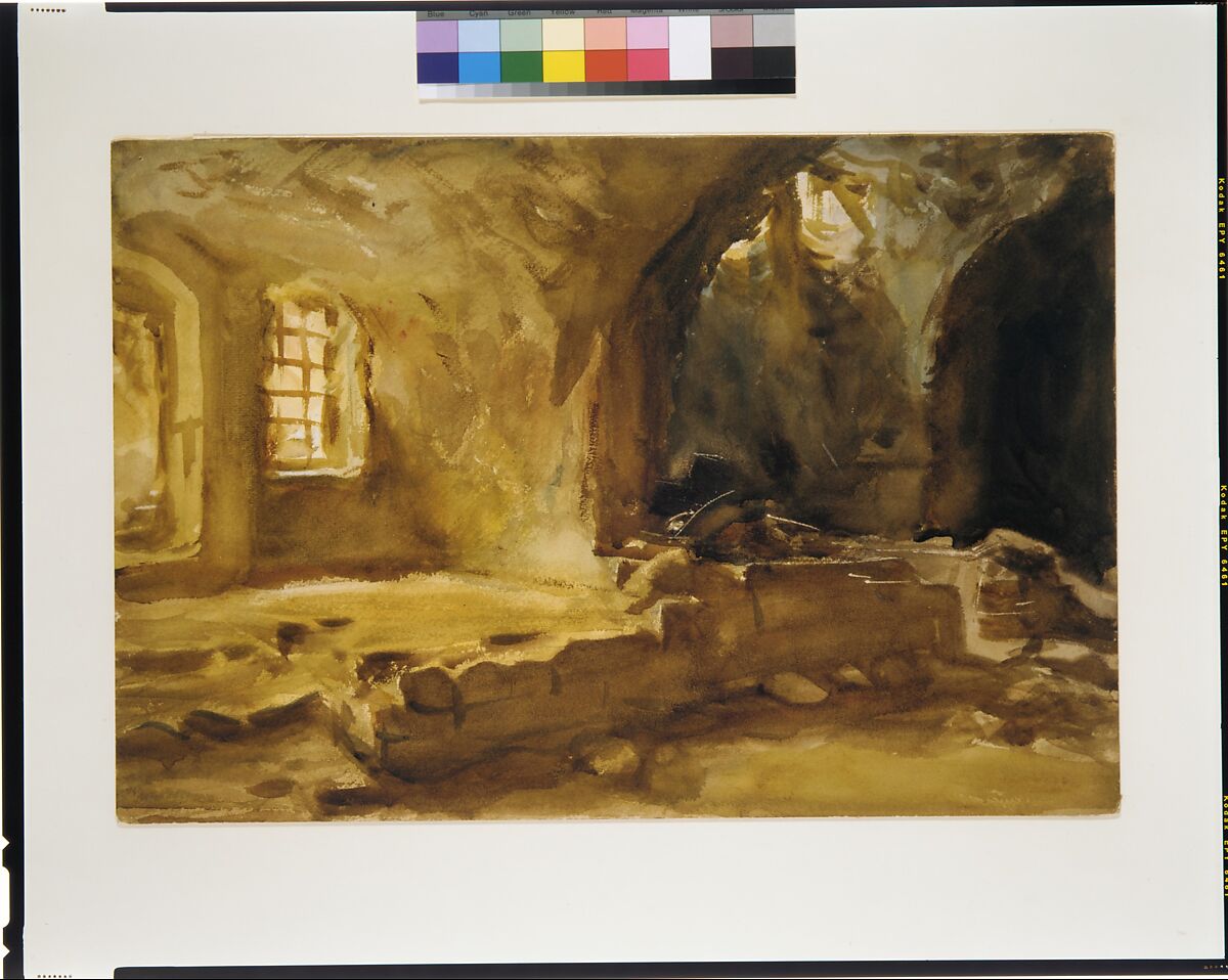Ruined Cellar—Arras, John Singer Sargent (American, Florence 1856–1925 London), Watercolor and graphite on wove paper, mounted to cardboard, American