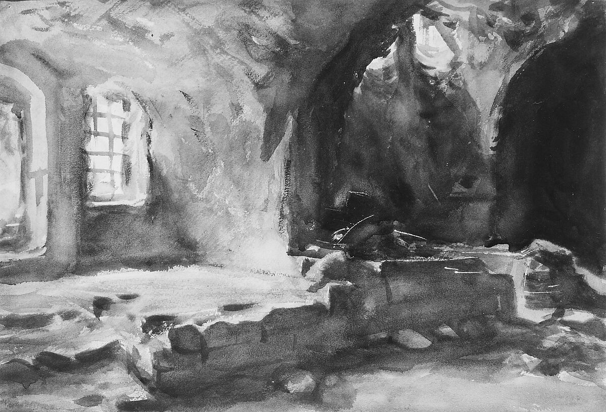 Ruined Cellar—Arras, John Singer Sargent (American, Florence 1856–1925 London), Watercolor and graphite on wove paper, mounted to cardboard, American