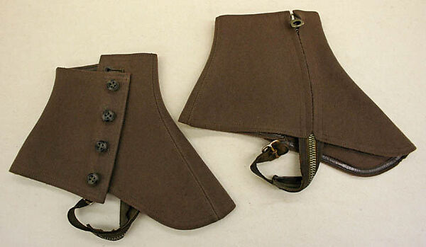 Spats, wool, leather, metal, American 