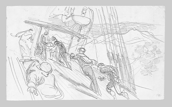 Sailors on Sloping Deck (from Scrapbook), John Singer Sargent (American, Florence 1856–1925 London), Graphite on off-white wove paper, American