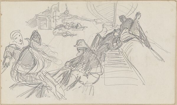 Sailors Relaxing on Deck (from Scrapbook), John Singer Sargent (American, Florence 1856–1925 London), Graphite on off-white wove paper, American 