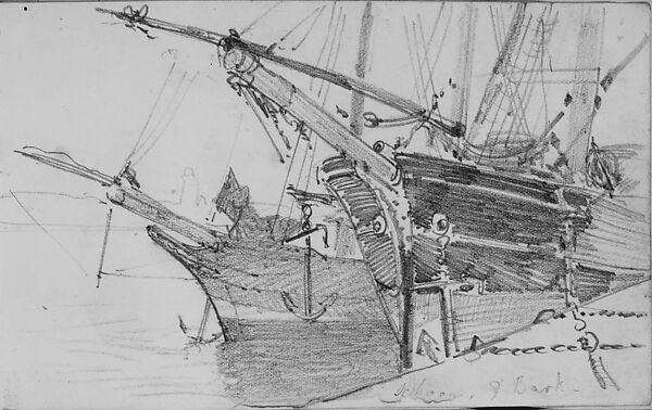 Schooner and Bark in Harbor (from Scrapbook), John Singer Sargent (American, Florence 1856–1925 London), Graphite on off-white wove paper, American