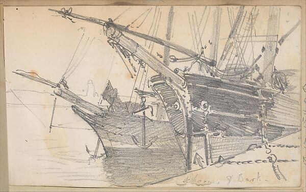 Schooner and Bark in Harbor (from Scrapbook), John Singer Sargent (American, Florence 1856–1925 London), Graphite on off-white wove paper, American 