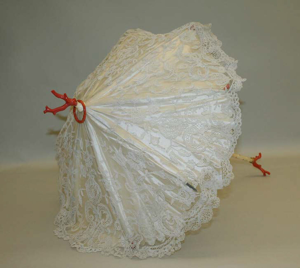 Parasol, cotton, silk, coral, ivory, metal, American or European 