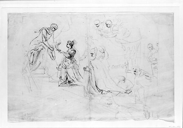 Mystical Marriage of St. Catherine Attended by Doge Francesco Donato, John Singer Sargent (American, Florence 1856–1925 London), Pen and ink and graphite on tracing paper, American 