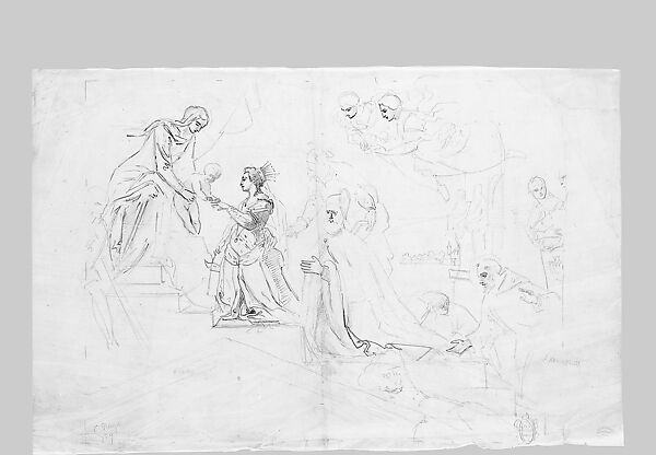 Mystical Marriage of St. Catherine Attended by Doge Francesco Donato, John Singer Sargent (American, Florence 1856–1925 London), Pen and ink and graphite on tracing paper, American