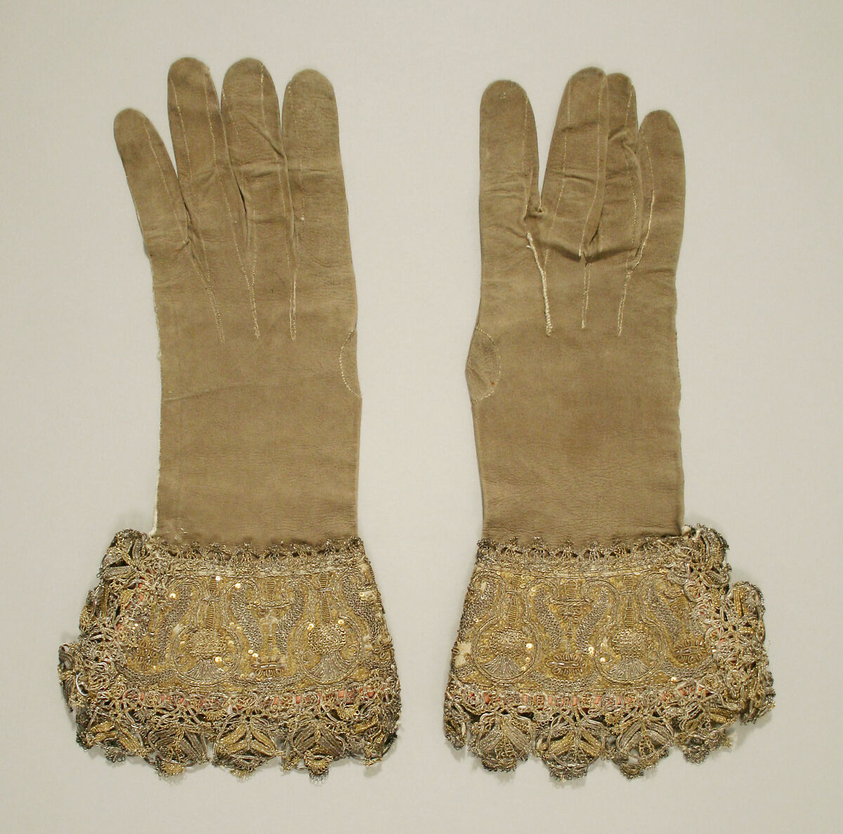Gloves, leather, metal, silk, British 