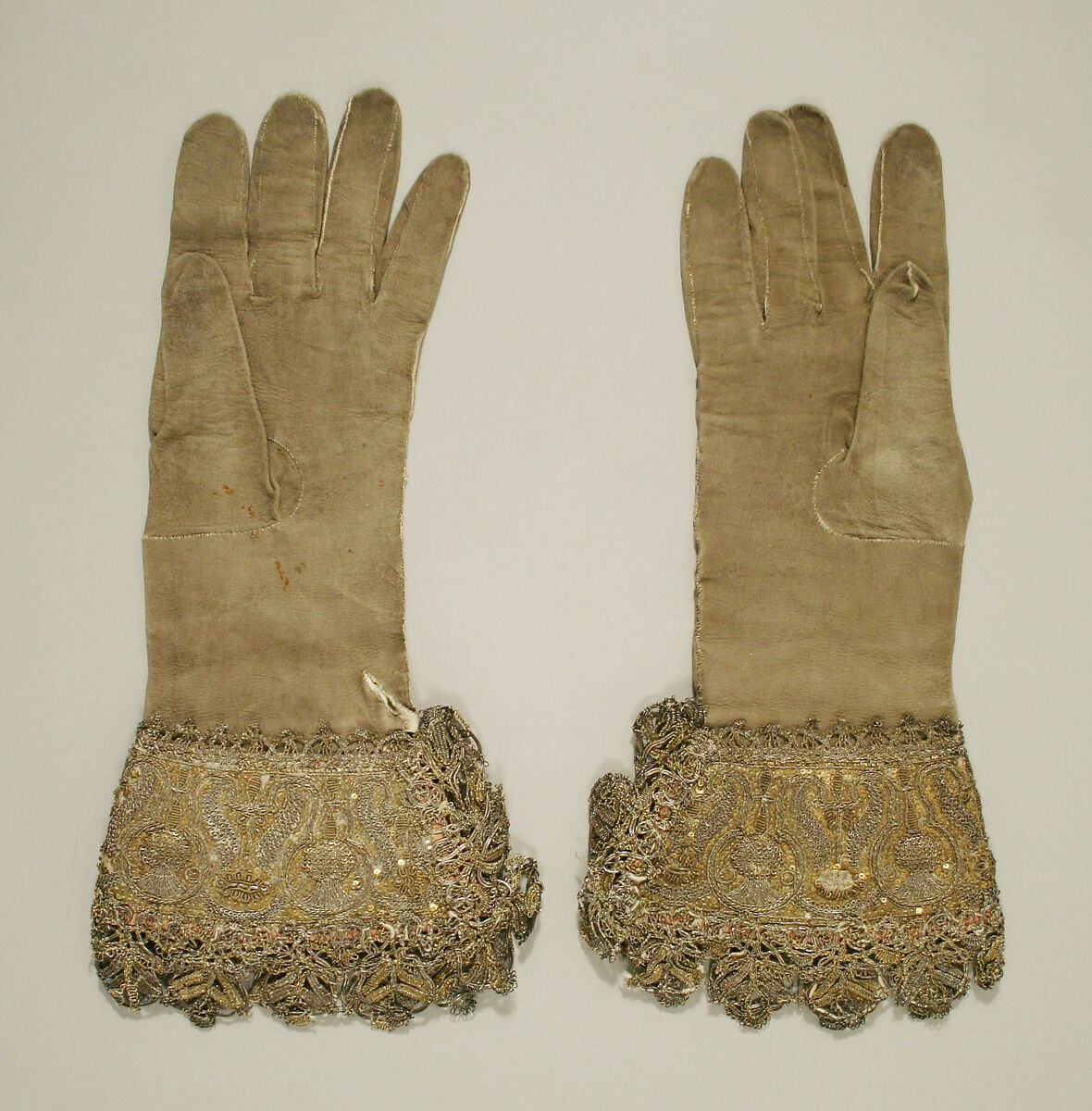 Gloves, leather, metal, silk, British