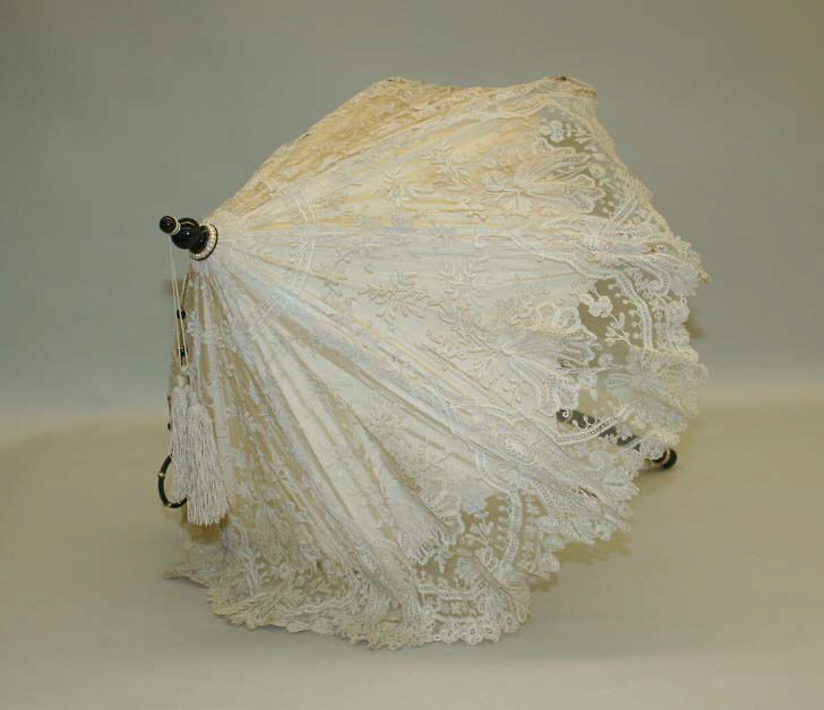 Parasol, silk, cotton, metal, semi-precious stones, pearls, ivory, French 