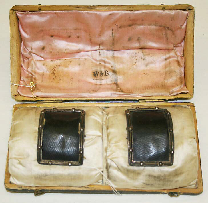 Shoe buckles, silver, metal, leather, canvas, British 