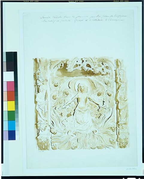 Predella of an Altar, Cathedral, Tarragon, John Singer Sargent (American, Florence 1856–1925 London), Graphite and brown pigment (bister color) on white wove paper, American