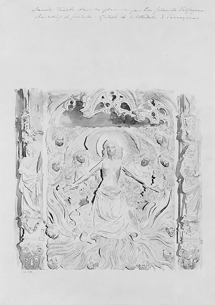 Predella of an Altar, Cathedral, Tarragon, John Singer Sargent (American, Florence 1856–1925 London), Graphite and brown pigment (bister color) on white wove paper, American