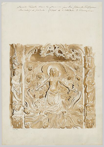 Predella of an Altar, Cathedral, Tarragon, John Singer Sargent (American, Florence 1856–1925 London), Graphite and brown pigment (bister color) on white wove paper, American