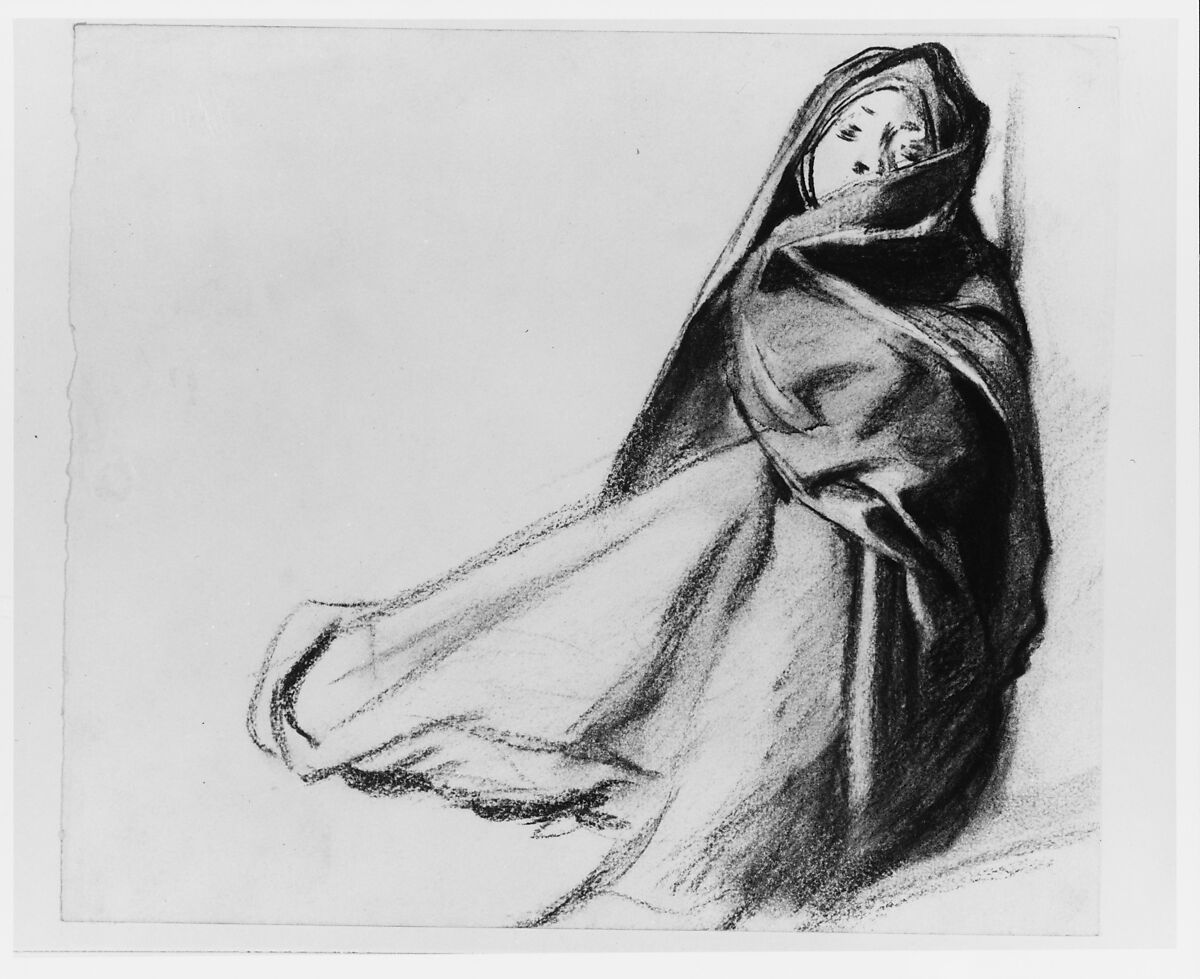 Draped Seated Woman, John Singer Sargent (American, Florence 1856–1925 London), Charcoal on white wove paper, American