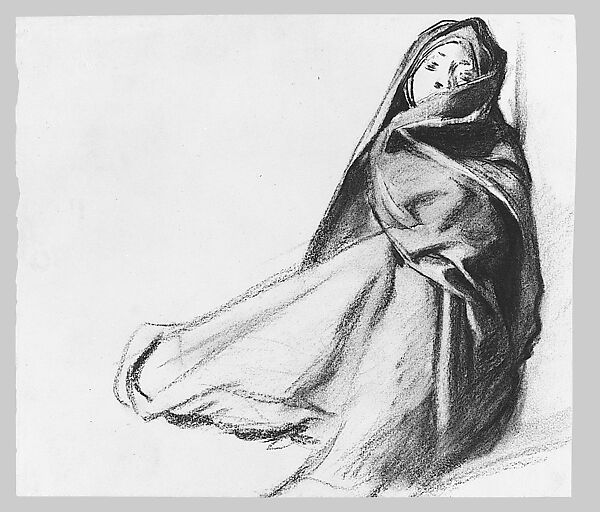 Draped Seated Woman, John Singer Sargent (American, Florence 1856–1925 London), Charcoal on white wove paper, American 