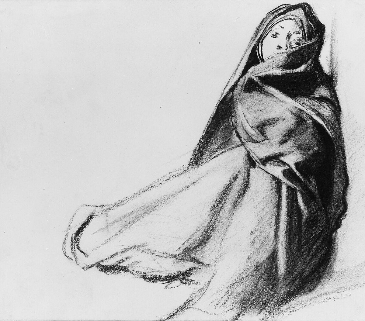 Draped Seated Woman, John Singer Sargent (American, Florence 1856–1925 London), Charcoal on white wove paper, American