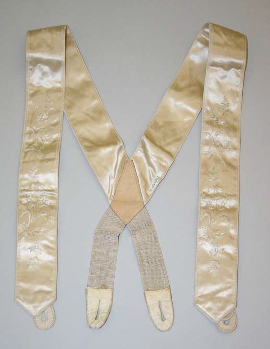 Suspenders, silk, leather, brass, American 