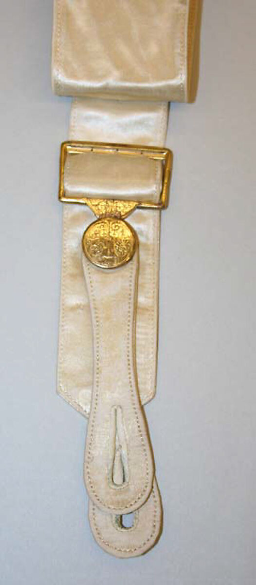 Suspenders, silk, leather, brass, American