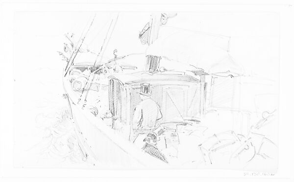 Sailboat Deck with Figures, John Singer Sargent (American, Florence 1856–1925 London), Graphite on off-white wove paper, American