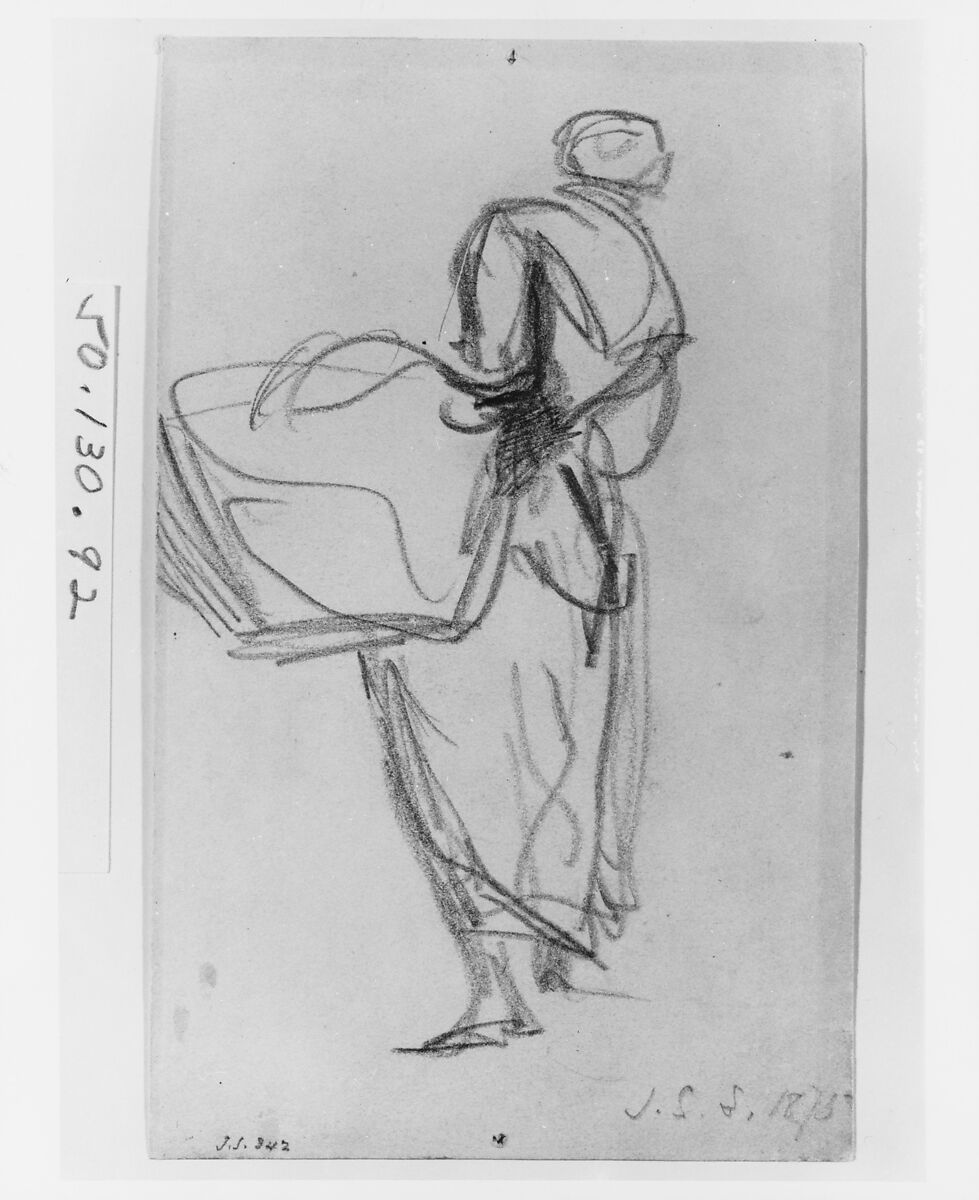 Woman with Basket, John Singer Sargent (American, Florence 1856–1925 London), Graphite on dark buff wove paper, American