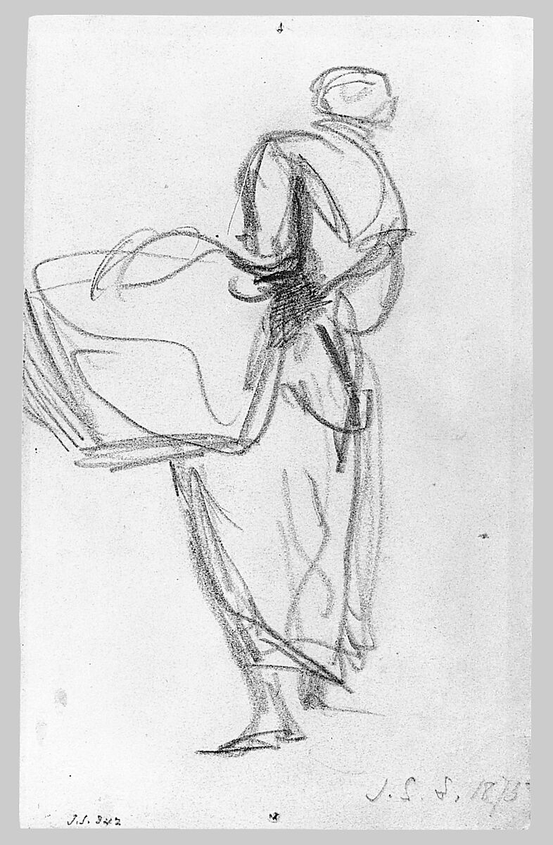 Woman with Basket, John Singer Sargent (American, Florence 1856–1925 London), Graphite on dark buff wove paper, American